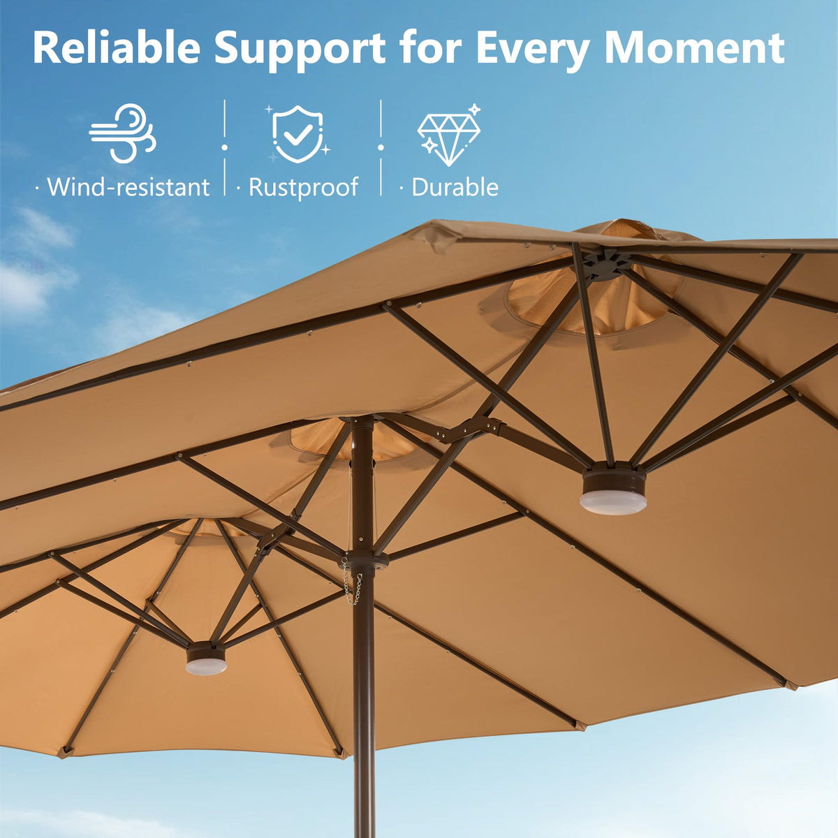 15FT Double Sided Rectangular Patio Umbrella with USB Rechargeable Warm LED Lights (Khaki)