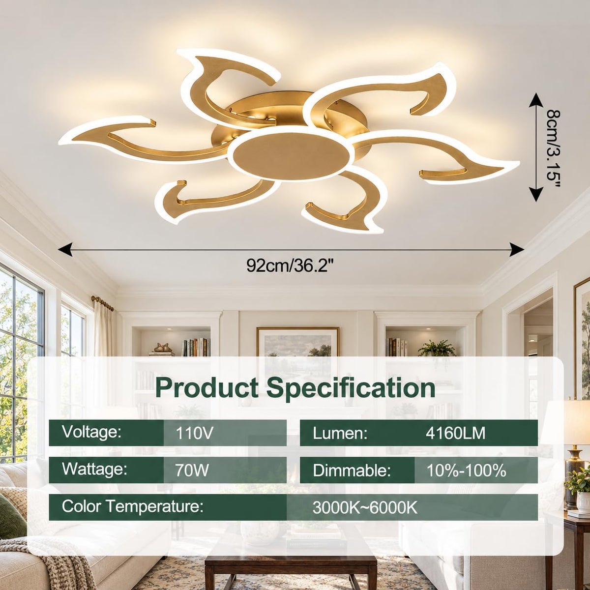 36.2 Inch Modern LED Ceiling Light (Gold)