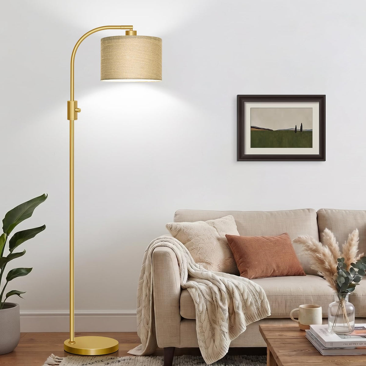 Dimmable Gold Floor Lamp (Gold-Champagne Linen Shade)