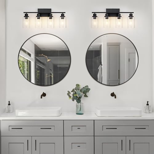 4 Light Black Bathroom Vanity Light Fixture Over Mirror Modern Farmhouse Wall Lighting Sconces Industrial Wall Lamp for Bathroom Bedroom Living Room E26 Socket with Glass Shade (Black / 4 Light)