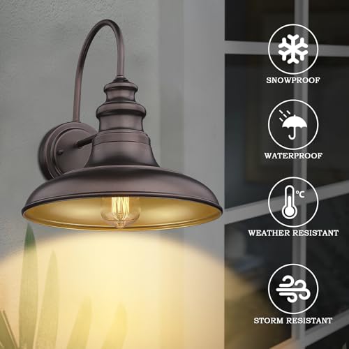 Outdoor Barn Light Fixture Farmhouse Wall Mount Light Wall Sconce Exterior Wall Lighting Fixture Industrial Bronze Finish Lantern for Porch with Gold Interior (Oil-Rubbed Bronze / 12-RZ004-2PACK(Not Dusk to Dawn))
