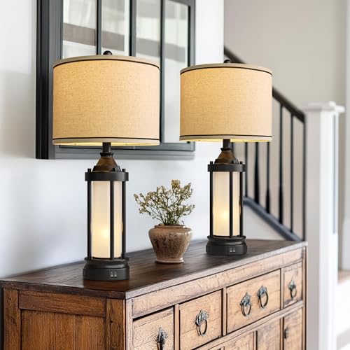 25'' Table Lamps for Bedroom Living Room Lamps Set of 2 Farmhouse Nightstand Bedside Lamps with USB Ports (Black & Beige)