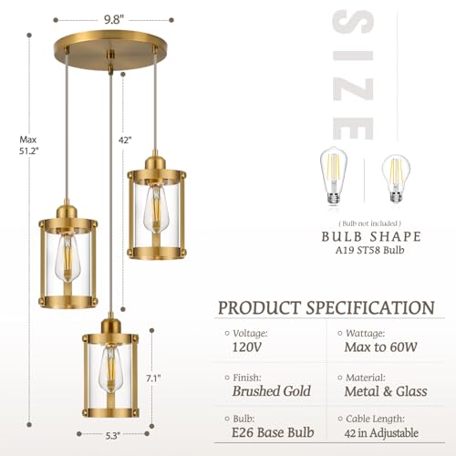Brushed Gold 3 (Gold + Clear Glass / 3-Light Ceiling Chandelier)