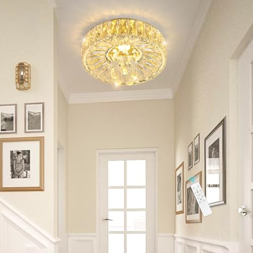 Mini Chandelier Modern Crystal Chandeliers for Hallway LED Flush Mount Ceiling Light Dimmable Light Fixture for Dining Room Living Room Bedroom (Gold / 11.8" Width)