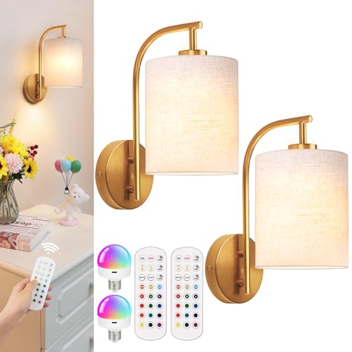 Battery Operated Wall Sconce Set of 2 (Gold / Linen / Large)