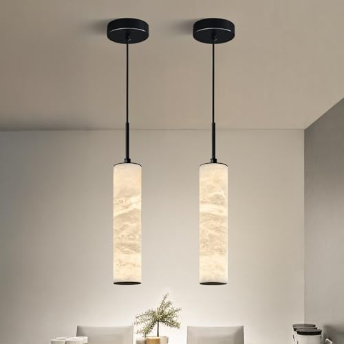 Natural Alabaster Pendant Lights for Kitchen Island White Marble Long Tube Chandelier 4000K Black Modern Ceiling Light Fixtures for Living Room Bedroom Dining Room Table Hallway (Black-NeutralLight / 10in-2Pack)