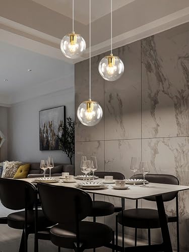 3 Light Modern Gold Pendant Light Hanging Fixture Light for Kitchen Island Mid Century Globe Pendant Light Glass Chandelier for Living Room Bedroom Entryway (Gold-Clear / Globe 3-Light)