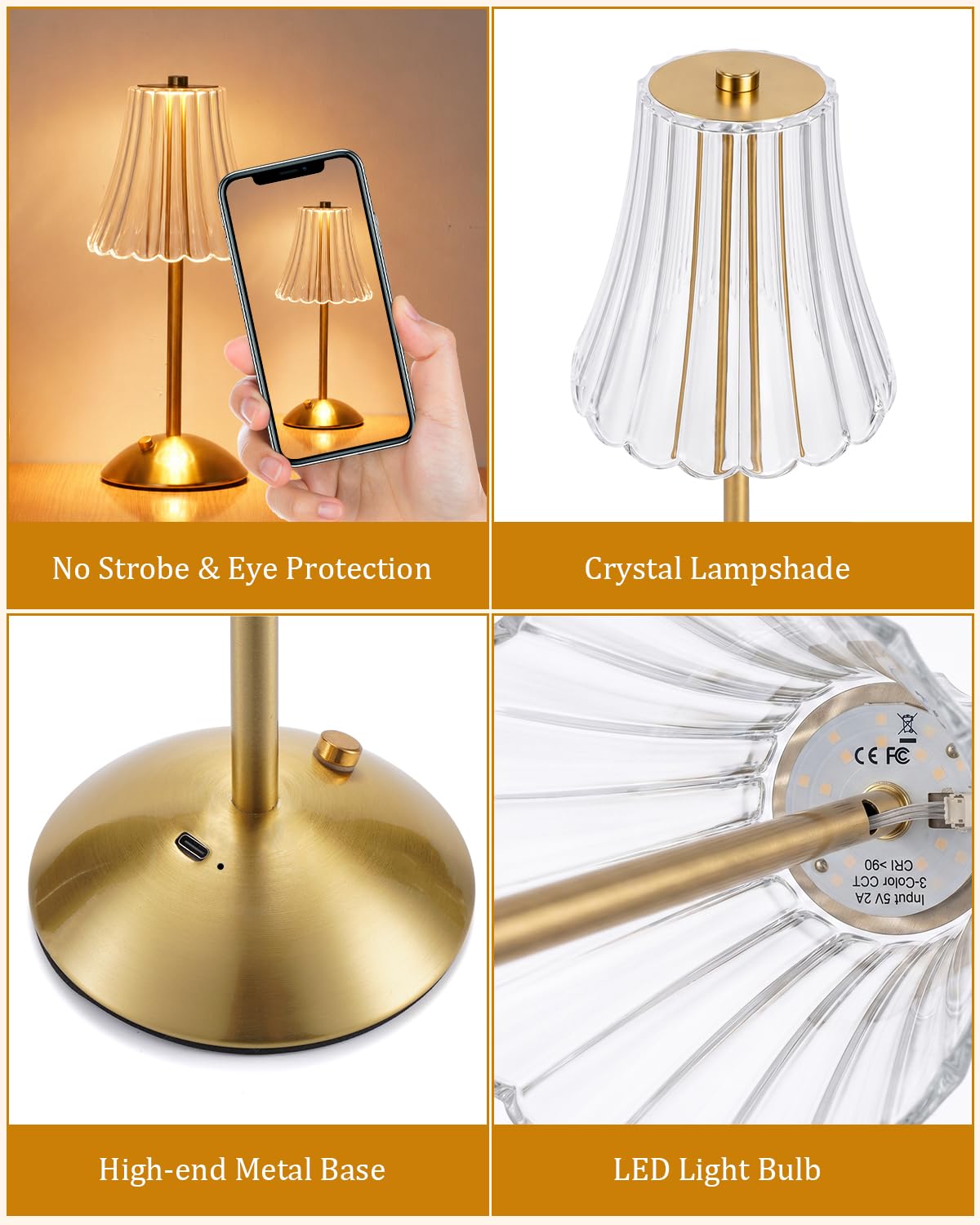 4 Pack Rechargeable Cordless Table Lamp (Gold-Flower)