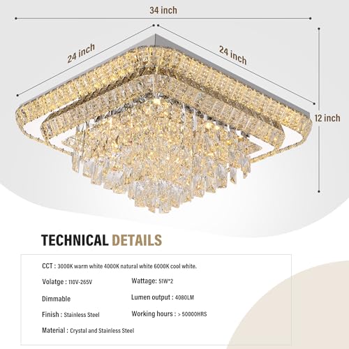 Crystal Chandeliers Modern Led Luxury Flush Mount Ceiling Light 34 (Silver / 34 Inches)