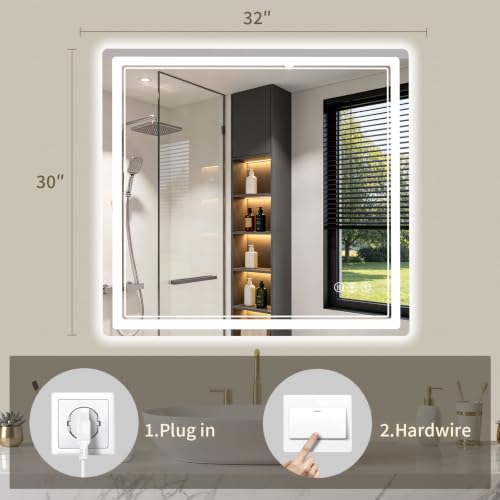 30"x32" LED Bathroom Mirror with Lights (32"L x 30"W)