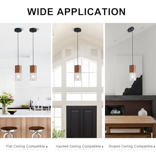2 Pack Modern Pendant Lights for Kitchen Island (Brown Wood Grain & Transparent—Cord / 2 Pack)