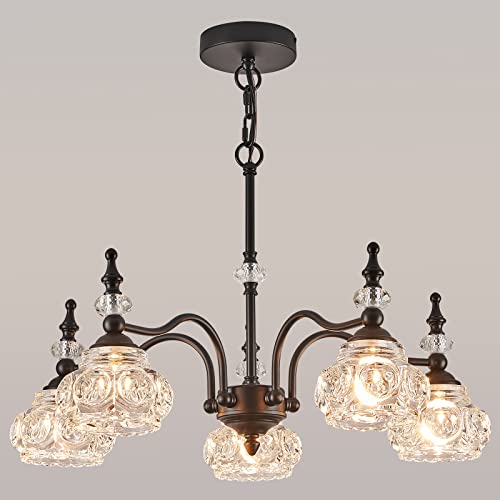 Vintage 5 Lights Gold Glass Pendant Lighting Rustic Style Chandelier Matte Brushed Antique Brass Finish with Crystal Glass Shade for Kitchen Island