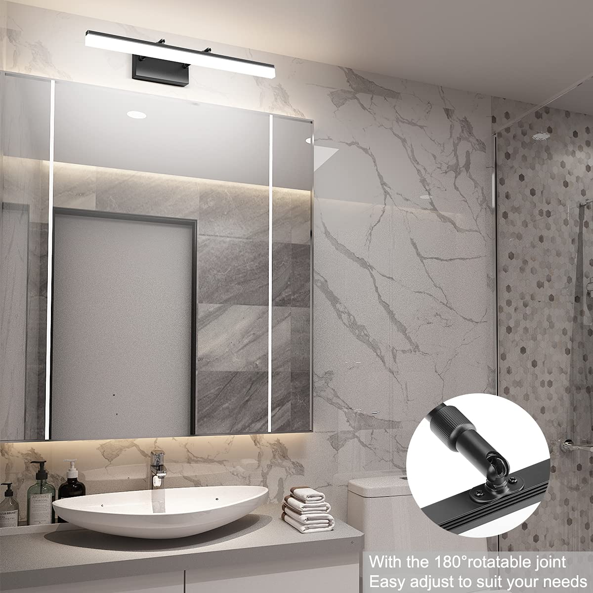 24 inch Black LED Vanity Light Adjustable Modern Bathroom Vanity Light Fixtures Over Mirror 5500K (Black / 23.6 in)