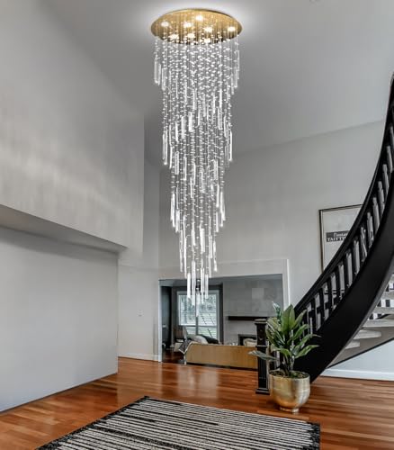 78'' Modern Crystal Chandelier High Ceiling Chandeliers for Entryway Large Raindrop Chandeliers LED Dimmable Flush Mount Light Fixtures for Staircaes Foyer Hallway Living Room LED Bulbs Included Gold (D24'' x H78'' Gold)