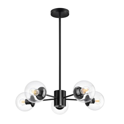 5 Light Globe Sputnik Chandelier Mid Century Sputnik Chandeliers Modern Black Globe Pendant Light Matte Black Finished with White Frosted Glass Lampshade for Dining Room Bedroom Kitchen