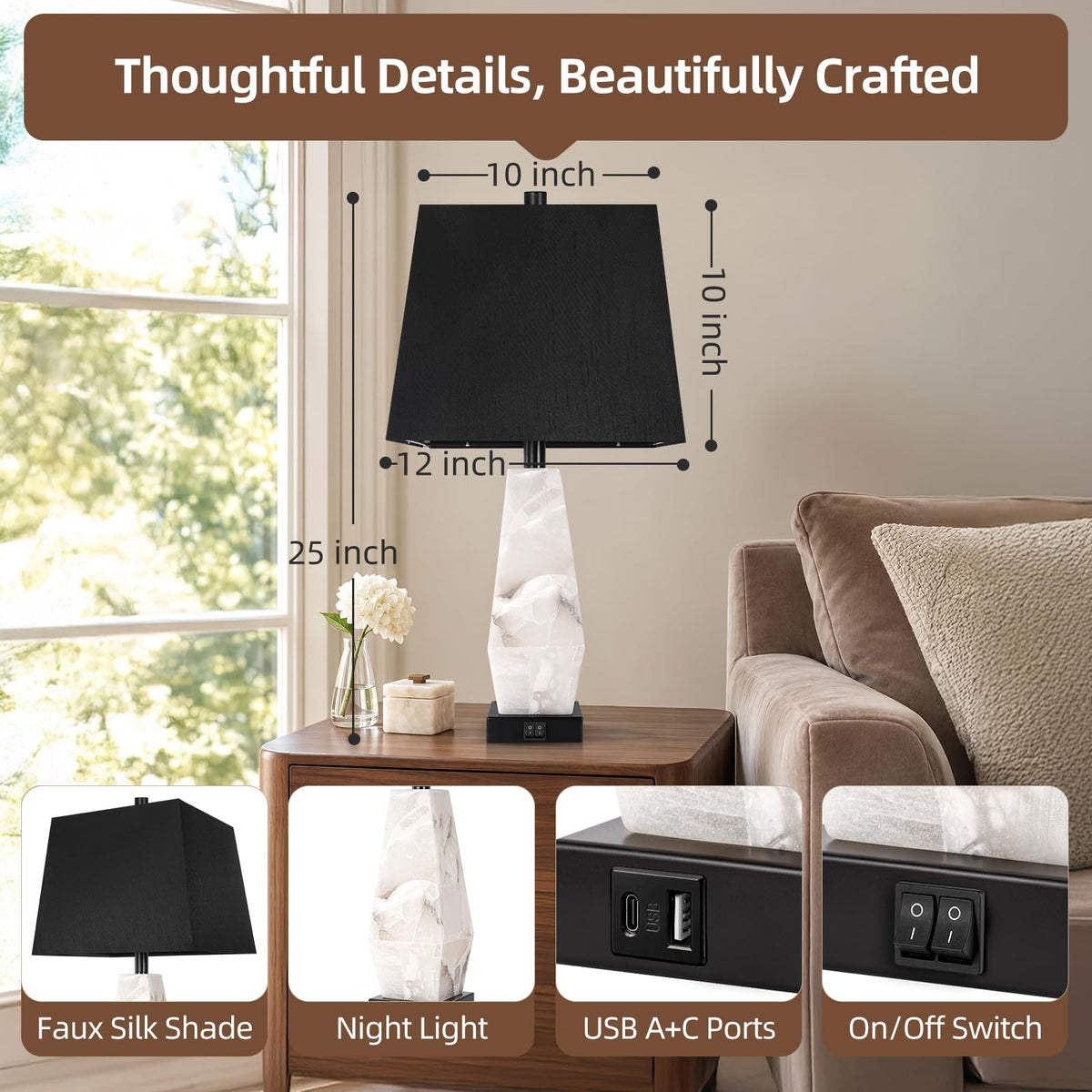 25" Alabaster Table Lamps Set of 2 with Night Light (Ivory White)