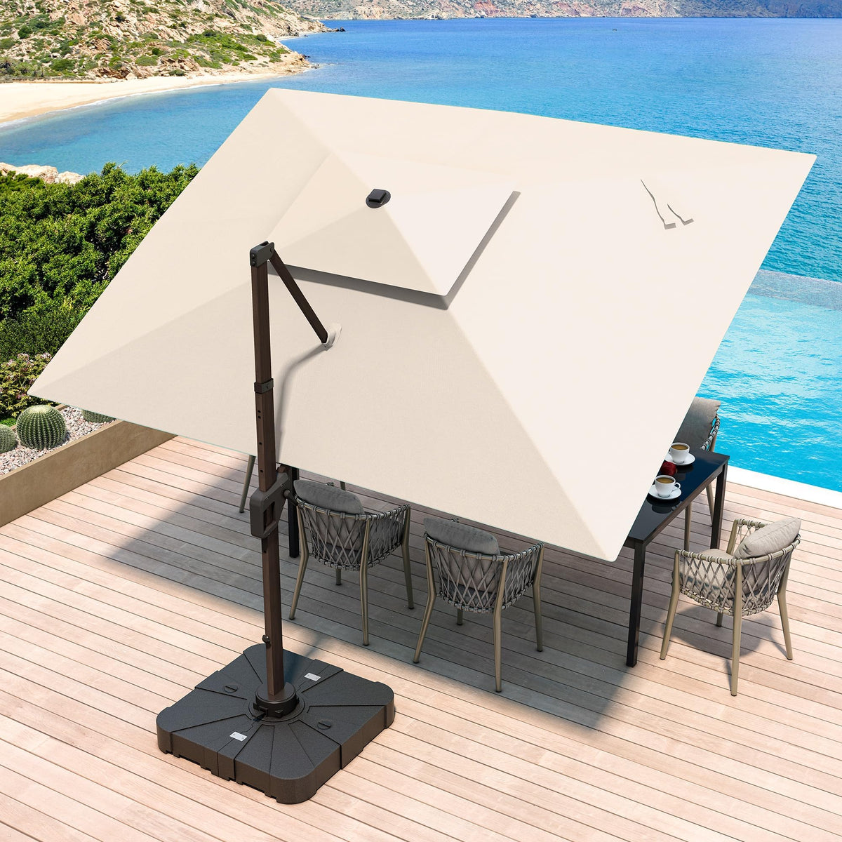 10x13 FT Cantilever Offset Patio Umbrella with Lights & Base (Beige)