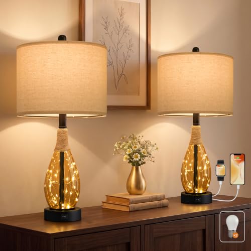 23" Table Lamps for Living Room Set of 2 Bedside Lamps for Night Stands Bedroom Lamps Farmhouse Rattan Boho Lamp Glass Nightlight End Table Lamp with USB C+A
