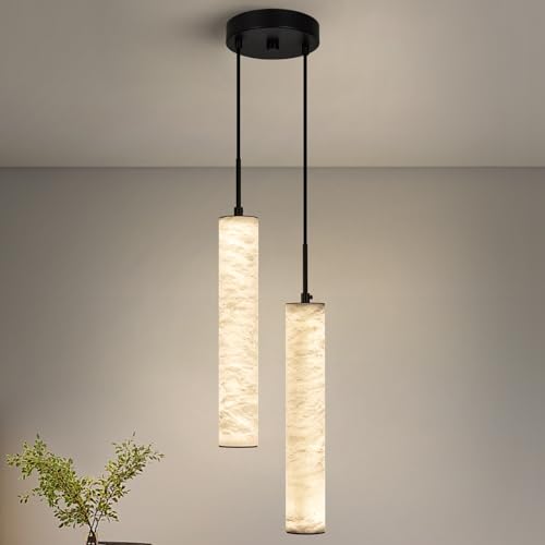 Natural Alabaster Pendant Lights for Kitchen Island White Marble Long Tube Chandelier 4000K Modern Black Ceiling Light Fixtures for Bedroom Dining Room Table Living Room Hallway (Black-NeutralLight / 13.9in-2Light)