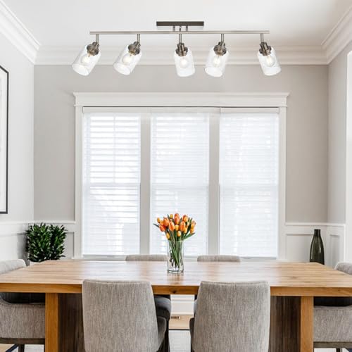 5 Light Brushed Nickel Kitchen Track Lighting Fixtures Ceiling Mount Track Lighting Kit with Bubble Seeded Glass Shade Modern Bathroom Tracking Vanity Lights Ceiling Tracking Accent Shop Light (Brushed Nickel / 5-Light)