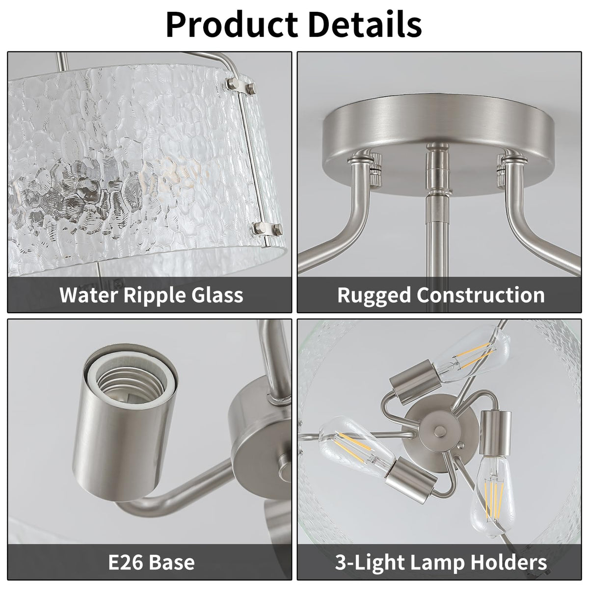 Semi Flush Mount Ceiling Light Fixture Glass Drum Chandelier Entryway Light (Brushed Nickel / 3-Light)