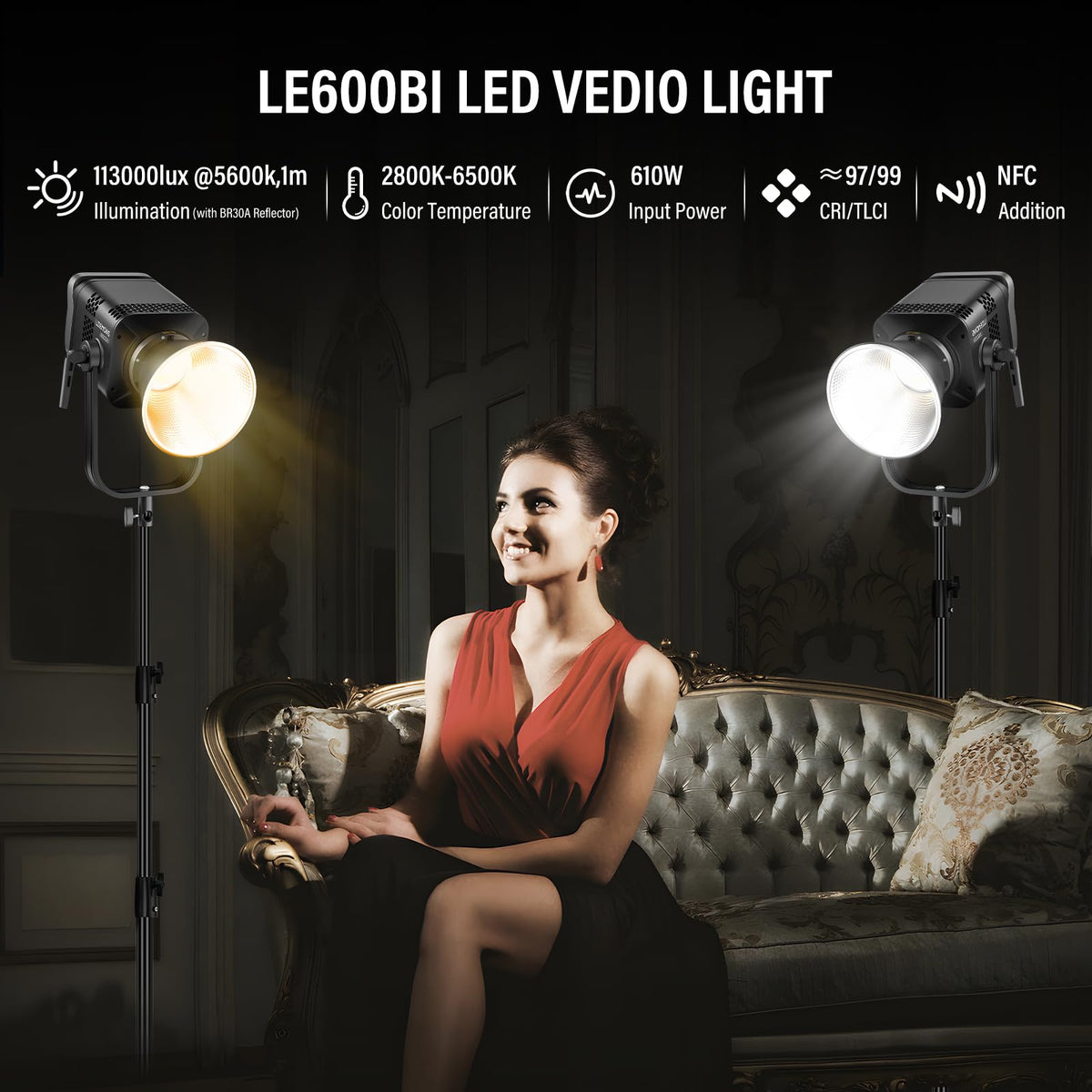2Pack LE600BI Kit with Softbox Light Stand Black (BLACK)