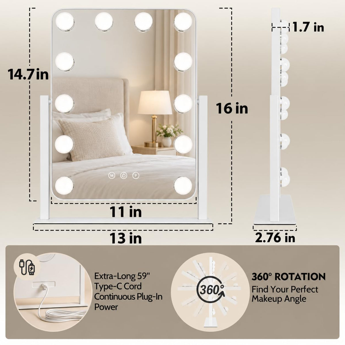 Hollywood Vanity Mirror with Lights 13x16in (White / 16.5"L x 13"W)