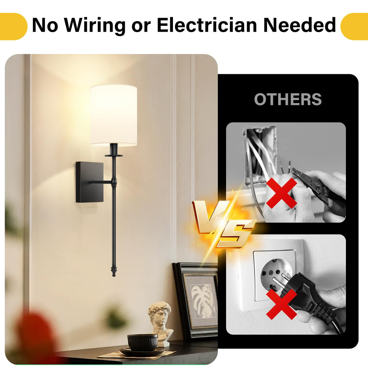 27 Inch Black Battery Operated Wall Sconces Set of 2 (27 inch / Black and White)