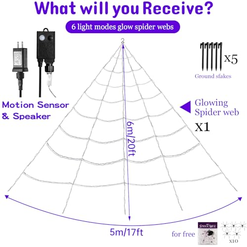 Motion Activated Lighting&Speaking] 20 * 17FT Halloween Spider Web 150 Led Purple&Orange Lights Light Up Lighted Triangular Giant Waterproof with 200sqft Cobweb for Outdoor Decor Yard Decoration (Without giant spider)