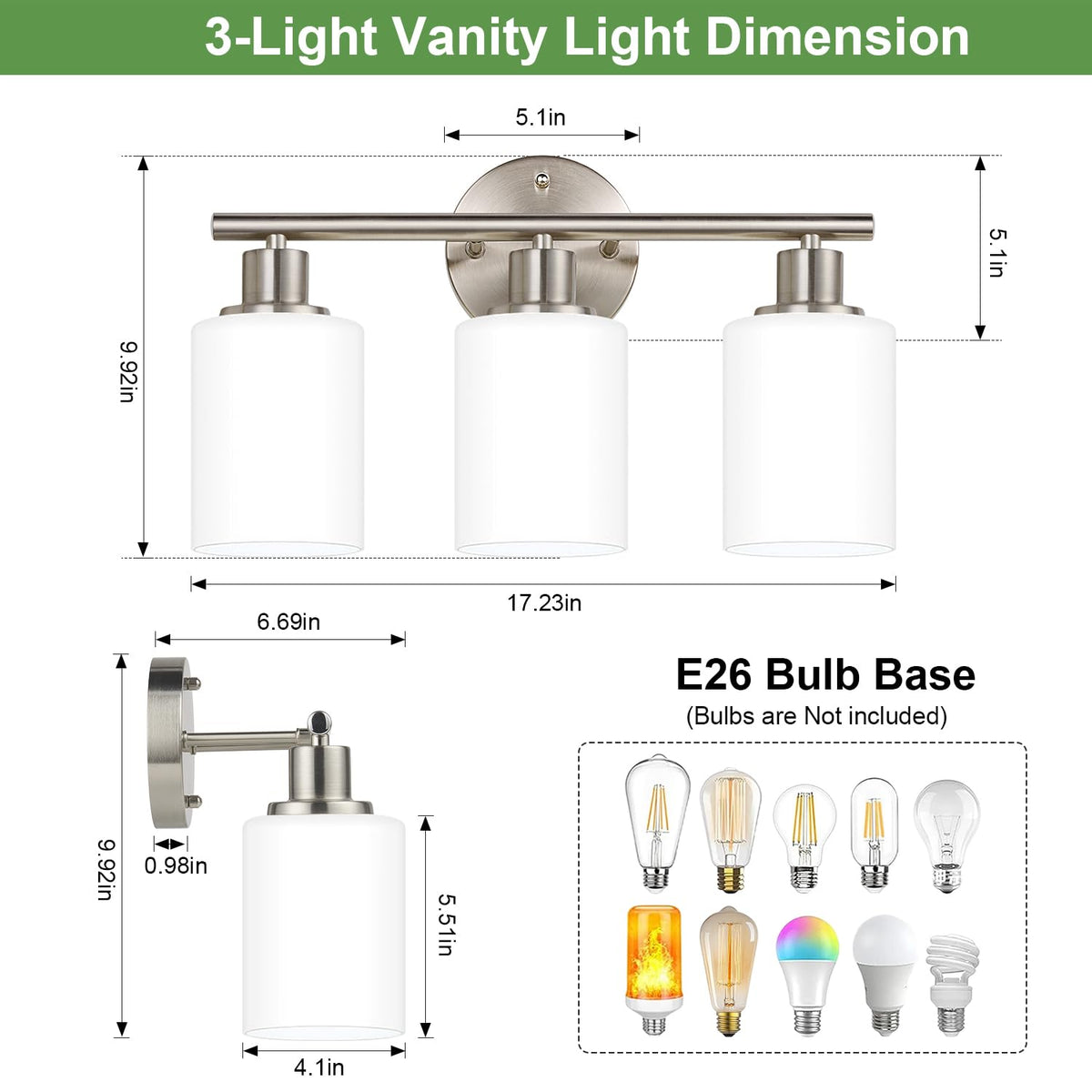 3 Light Bathroom Light Fixtures (Brushed Nickel & Milky White Glass / 3-light)