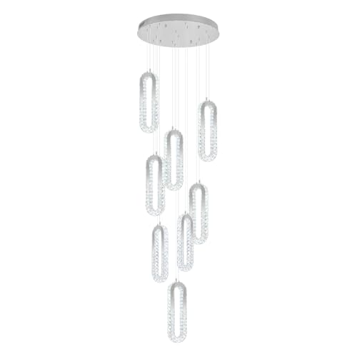 Modern Crystal Chandelier Adjustable 8 Rings Chandelier for Foyer Stairwell Crystal High Ceiling Pendant Light Dimmable 2700K (Silver / 8 Rings (New))