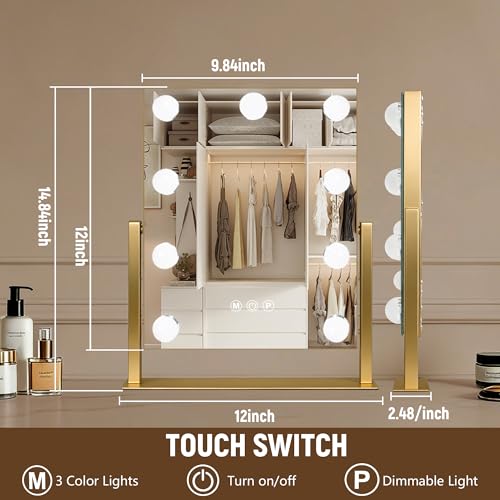 Vanity Mirror with Lights (Gold / 12"L x 14"W)