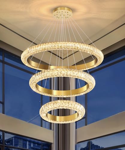 31.5" 3 Ring Crystal Chandelier Modern LED Dimmable Ring Pendant Light Round Chandelier for Dining Room Living Room Gold (Gold / 3 Ring Round 32")