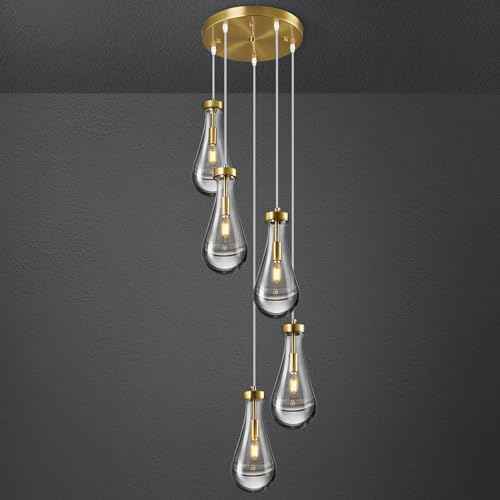 Raindrop Pendant Lights Kitchen Island Teardrop Gold Hanging Light Fixtures Clear Solid Glass Pendant Light Modern Chandeliers for Dining Room Porch Corridor Living Room (Gold / Round-5Light)