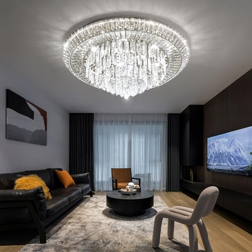 Modern Silver Crystal Chandelier LED Ceiling Light Fixture Raindrop Chandeliers Dimmable Lighting for Living Room Dining Room Entryway Bedroom (Silver / W32")