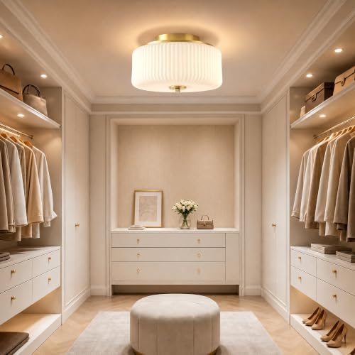 Flush Mount Ceiling Light with 12'' Milk Ribbed Glass Shade for Schoolhouse (Gold/Milk-Flush Mount)