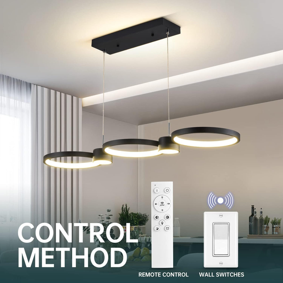 Modern LED Chandelier Light (Black / 3Ring- 36IN)