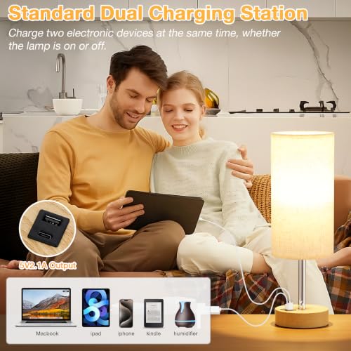 Bedside Table Lamp for Bedroom (Cream & Wooden / 14" Touch Control)