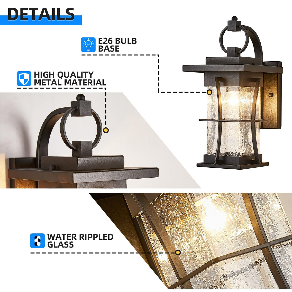 Outdoor Wall Sconces Light Fixtures Exterior Wall Lantern Outside House Lamps Waterproof Black Metal with Clear Seeded Glass (Black / Large)