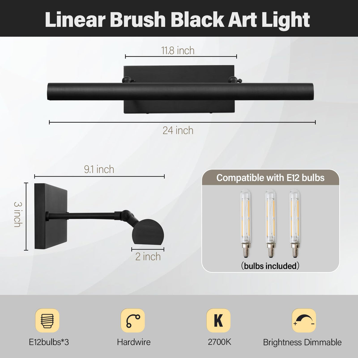 Black Art Picture Frame Wall Light (24"-3 Bulb / Black)