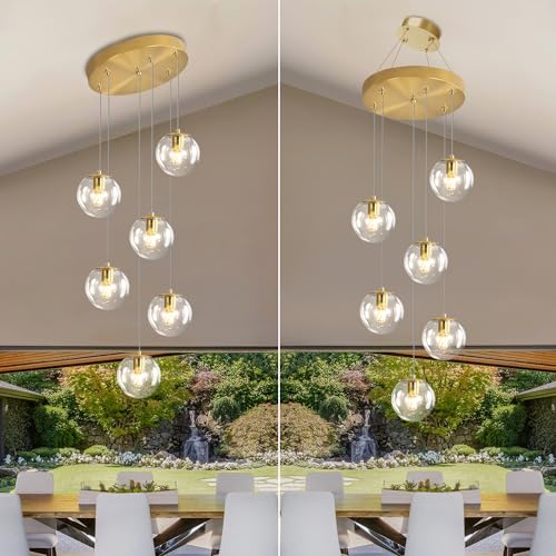 6 Light LED Staircase Modern Glass Globe Pendant Light Gold Chandeliers Large Chandeliers for High Ceilings (Gold-Clear / Globe 6-Light)
