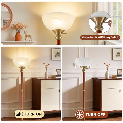 72" Wood Torchiere Floor Lamp with Glass Shade Gold Standing Lamp (Gold)