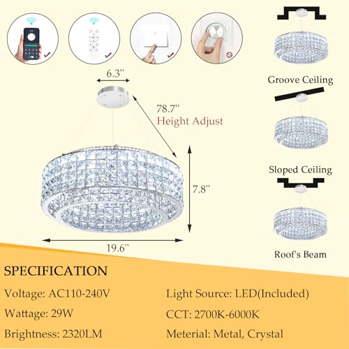 LED Chandeliers for Dining Room LED Dimmable Pendant Lights for Kitchen Island Crystal Adjustable Chandelier for Bedroom Hallway Entrance 16" Gold Light (Silver / Round 20")