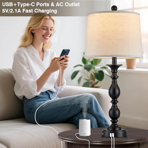 28" Black Modern Table Lamps Set of 2 with USB C+A Ports and AC Outlet (Black-2 Pack)