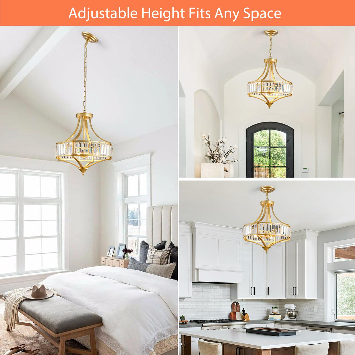 Gold Chandeliers for Dining Room Modern Round Crystal 4 Lights Rustic Pendant Lighting Fixture with Metal Lampshade for Living Room Hallway Bedroom Foyer (15.7" Gold)