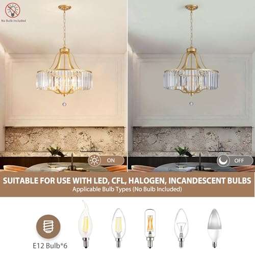 6 Light Crystal Gold Chandeliers for Dining Room 22 Inch Modern Farmhouse Chandelier Large Pendant Lighting Fixture Round Hanging Lamp for Living Room Kitchen Island Hallway Bedroom Foyer Hall (168-Gold)