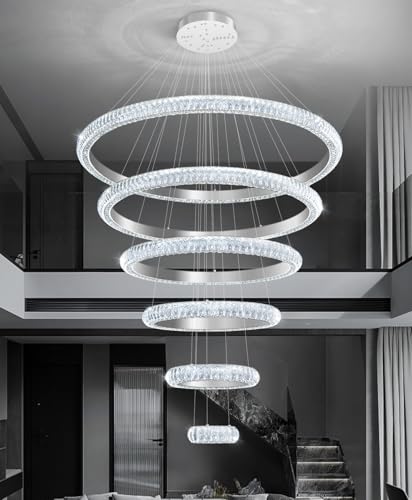 47" 6 Ring Crystal Chandelier Modern LED Dimmable Ring Pendant Light Chandelier for Dining Room Living Room Silver (Silver / 6 Ring Round 47")