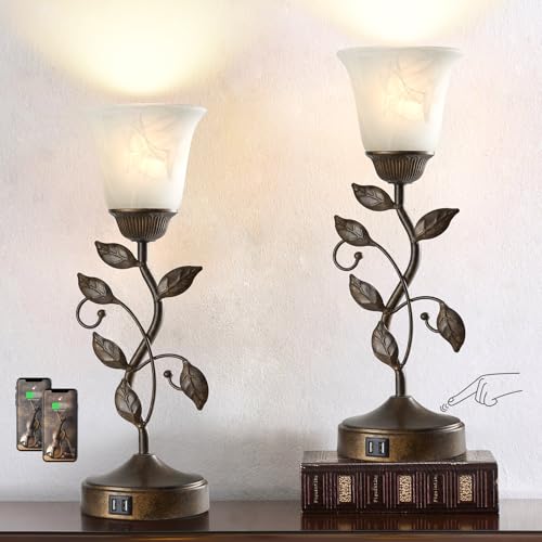 Set of 2 Touch Farmhouse Bedroom Table Lamps 2 USB C+A (2 Pack - Brass)