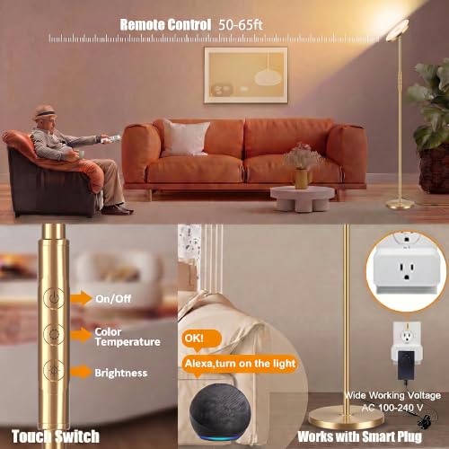 Floor Lamp Upgraded 40W 4000LM Super Bright Torchiere LED Floor Lamps for Living Room (40W Gold)
