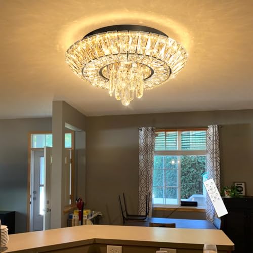 Crystal Chandelier 25W Modern Round Ceiling Light Fixture LED Raindrop Chandeliers Dimmable with Remote for Dining Room Living Room Entryway Hallway Bedroom Black (Black / W16")